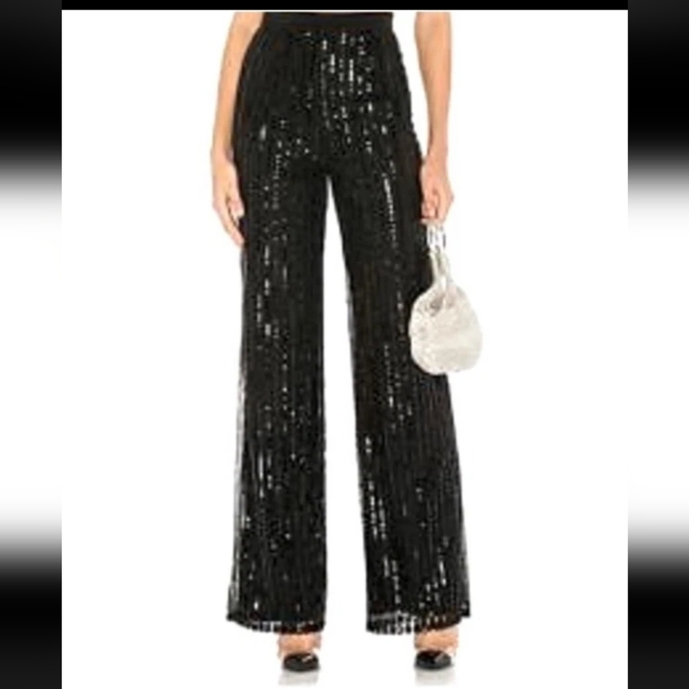 Tory Burch Silk Lined Elegant Black Wide Leg Sequin Trousers
